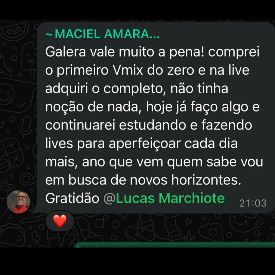 Mensagem do aluno Maciel sobre o vMix do Zero