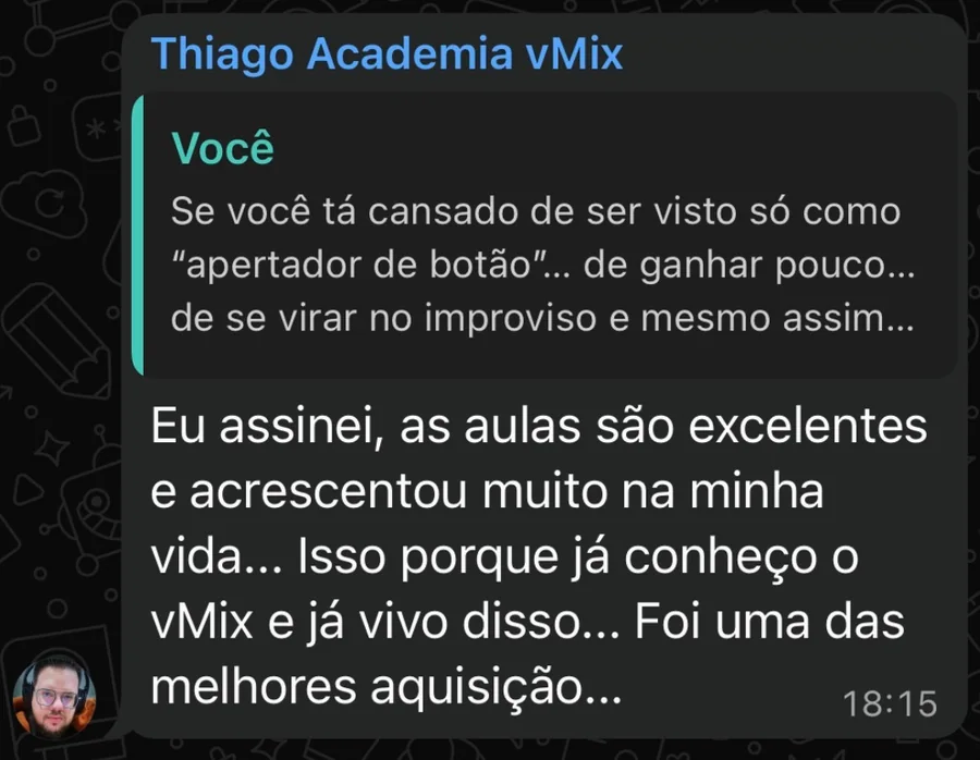 Mensagem do aluno Thiago sobre as aulas
