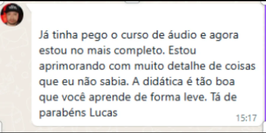 Mensagem de aluno sobre o curso de áudio e a didática