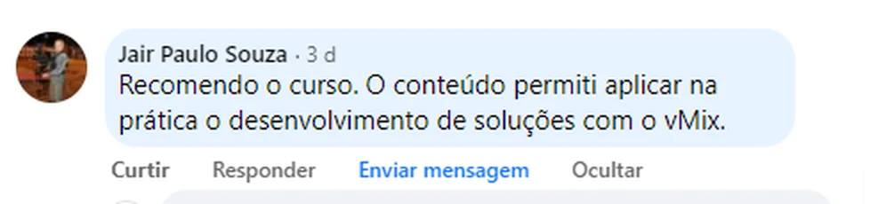 Comentário do aluno Jair Paulo Souza recomendando o curso